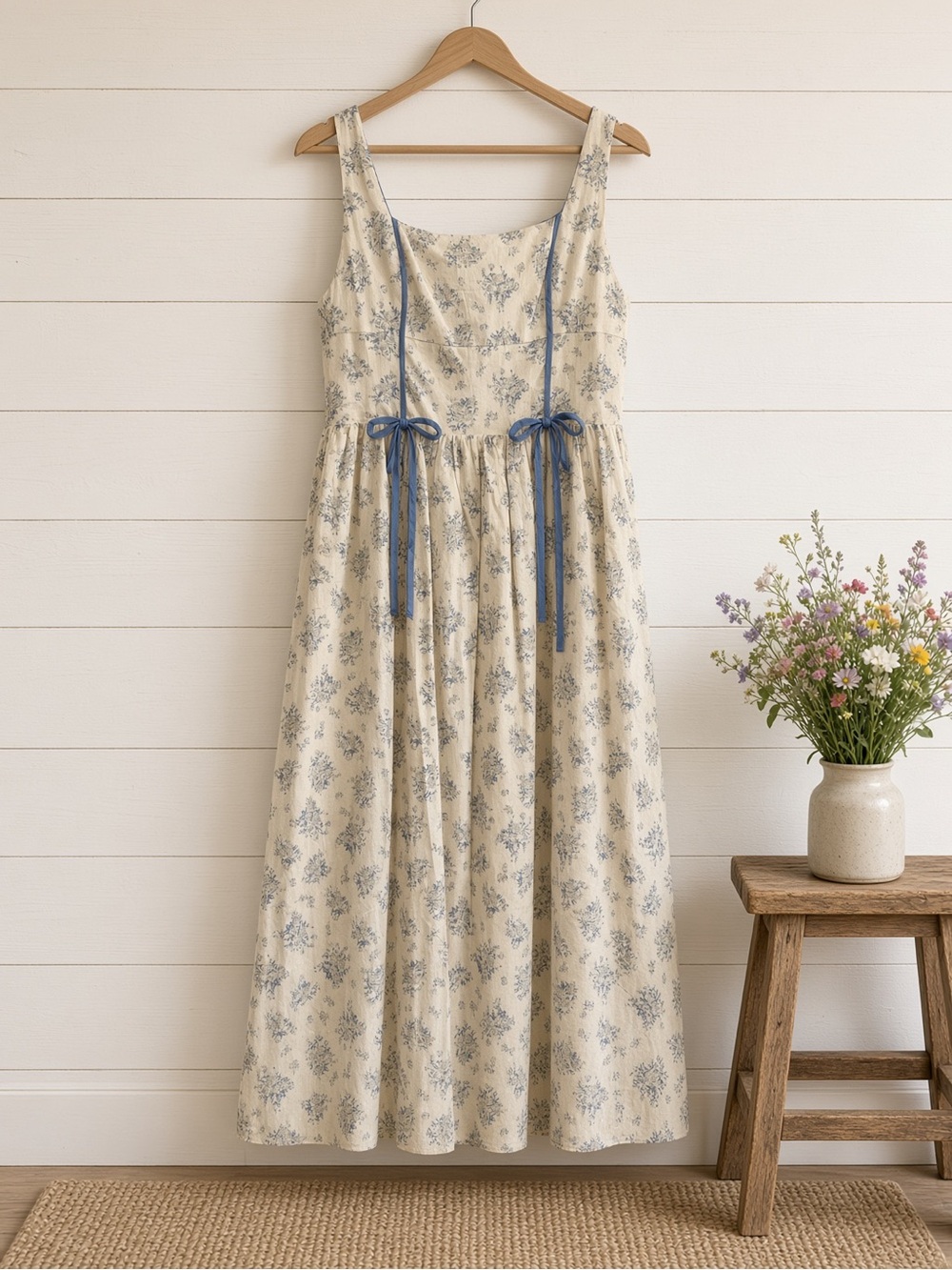Floral Print Square Neck Contrast Pipinig Dress